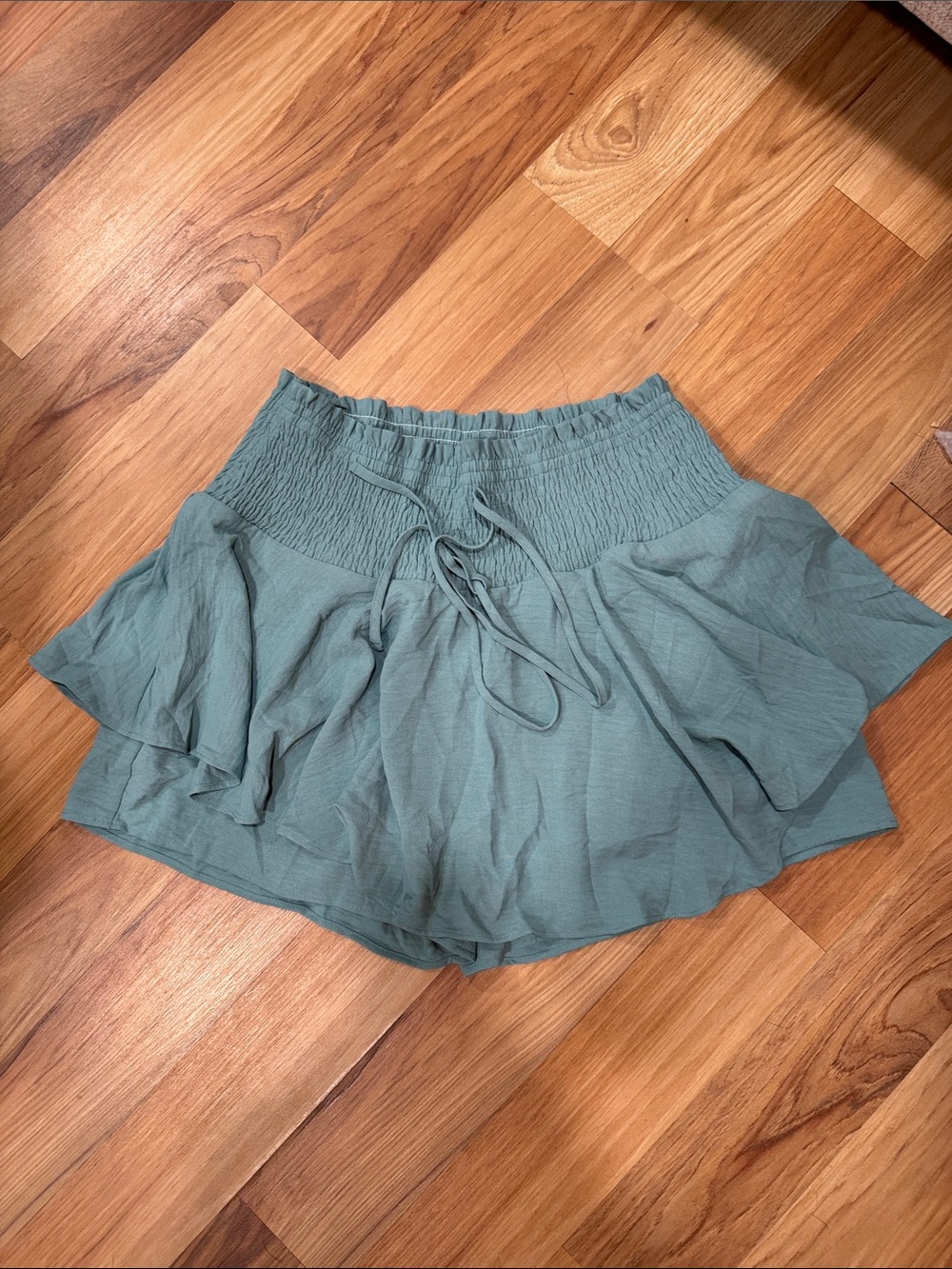 HALARA Sage Green Ruffle Skater Skirt with built in Shorts Smocked Waist